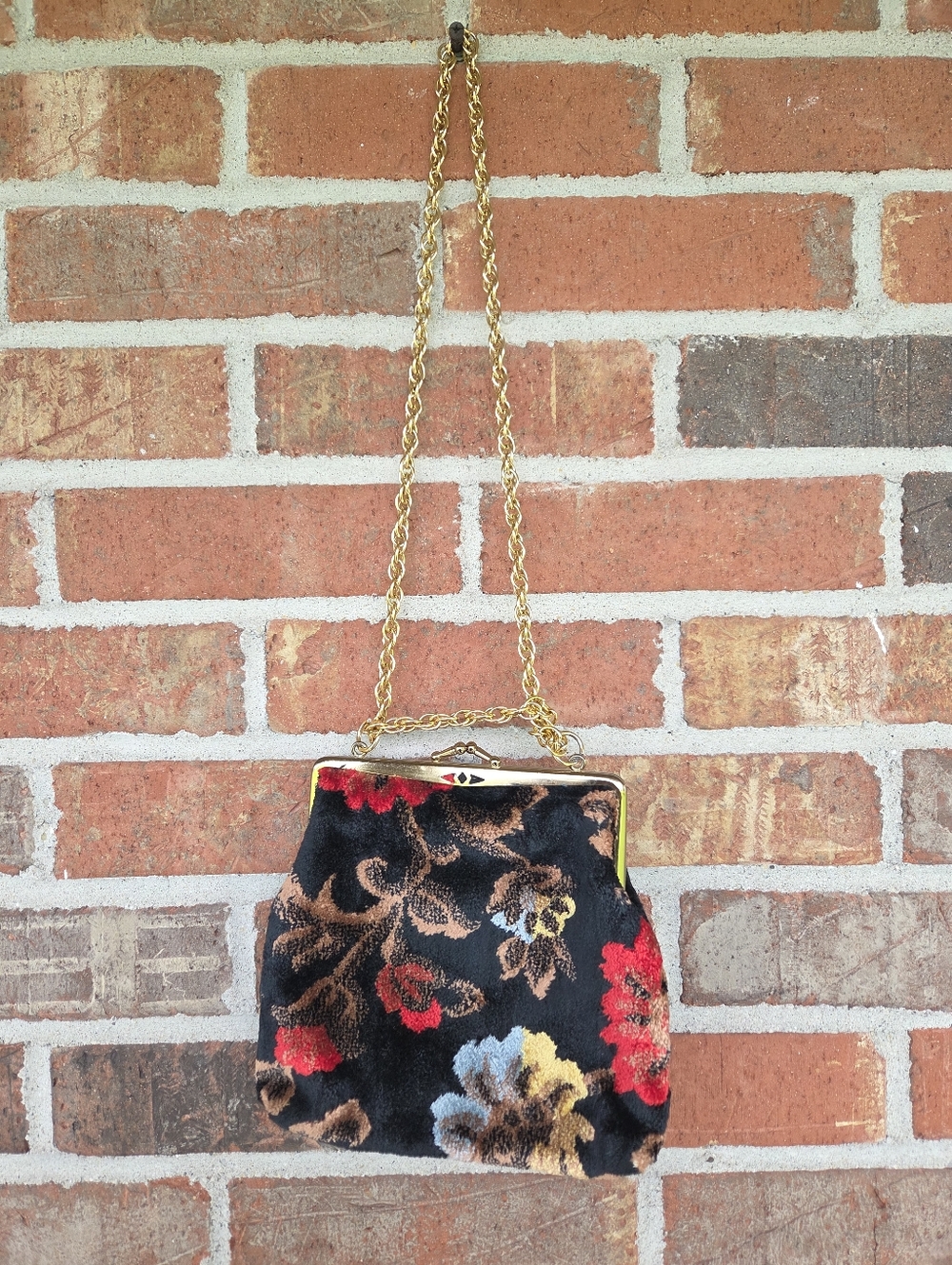 Gold-Handle Black Floral Chenille Velvet Carpet Evening Bag - Picture 5 of 9